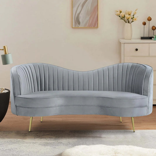 Enzo 74 Inch Modern Loveseat, Channel Tufted Kidney Shape, Gray and Gold