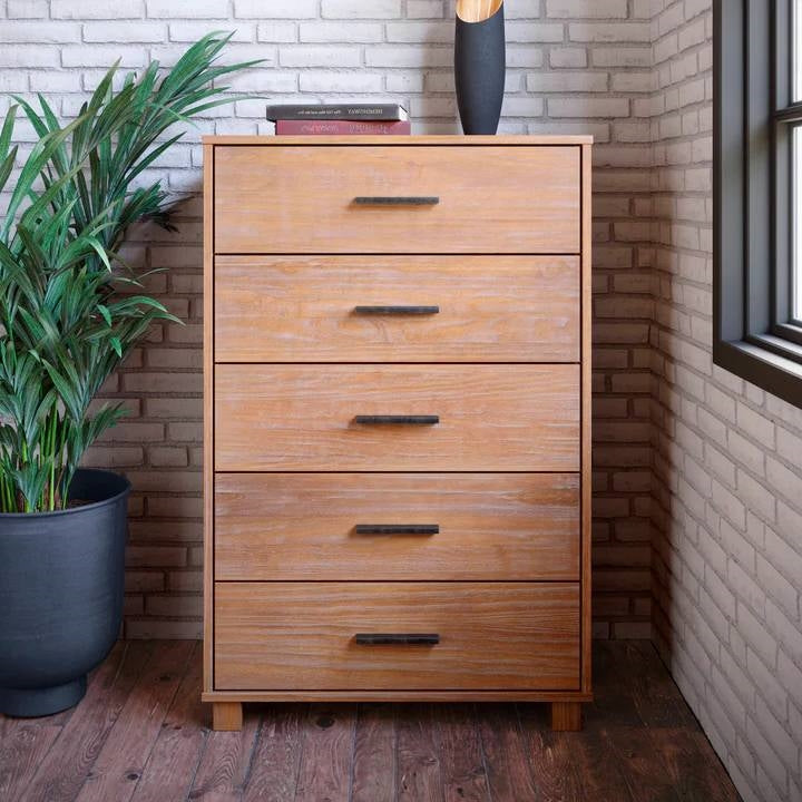 Modern Farmhouse Solid Wood 5 Drawer Bedroom Chest in White Wooden Finish